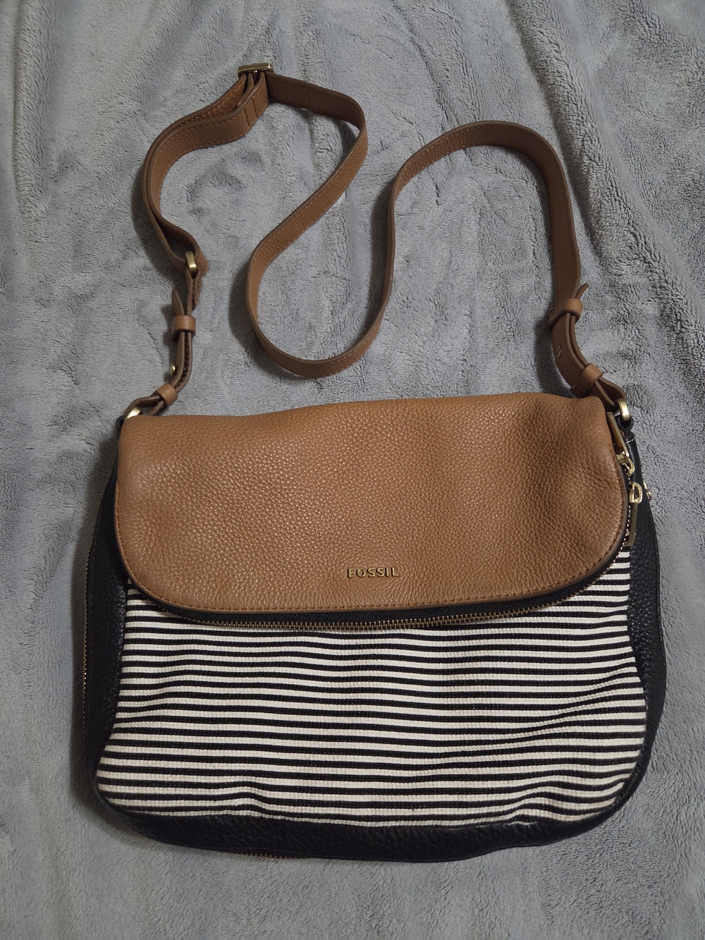Fossil Striped Canvas & Tan Leather Crossbody Bag